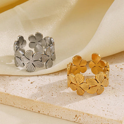 Stainless Steel Flower Adjustable Ring – 18K Gold PVD Plated Waterproof
