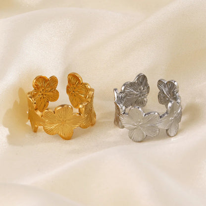 Stainless Steel Flower Adjustable Ring – 18K Gold PVD Plated Waterproof