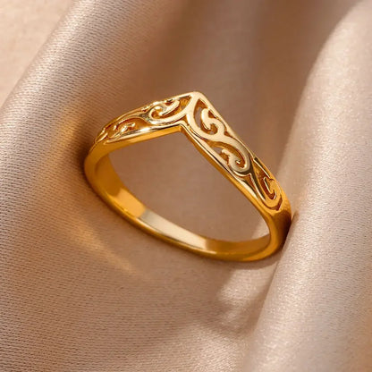 Stainless Steel Heart Ring for Women – 18K Gold Plated, Zircon Inlay, Vintage Waterproof Wedding Jewelry Gift