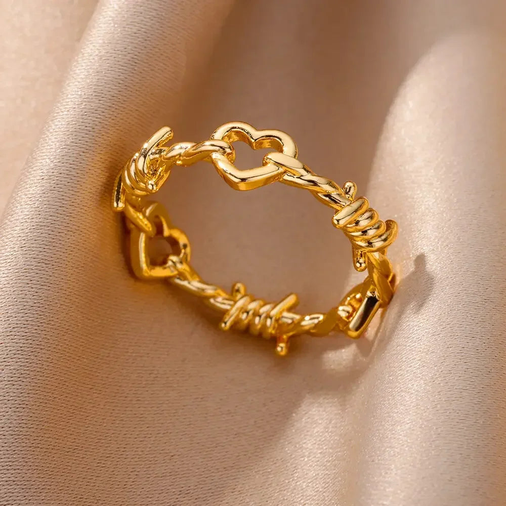 Stainless Steel Heart Ring for Women – 18K Gold Plated, Zircon Inlay, Vintage Waterproof Wedding Jewelry Gift