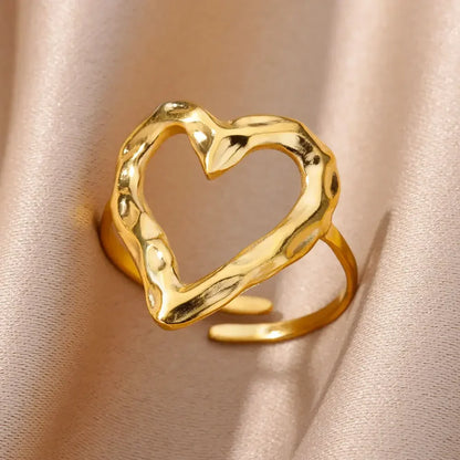 Stainless Steel Heart Ring for Women – 18K Gold Plated, Zircon Inlay, Vintage Waterproof Wedding Jewelry Gift
