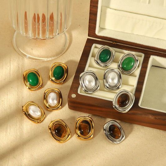 Tiger-Eye Natural Stone Earrings – 18K Gold Plated Stainless Steel, Waterproof