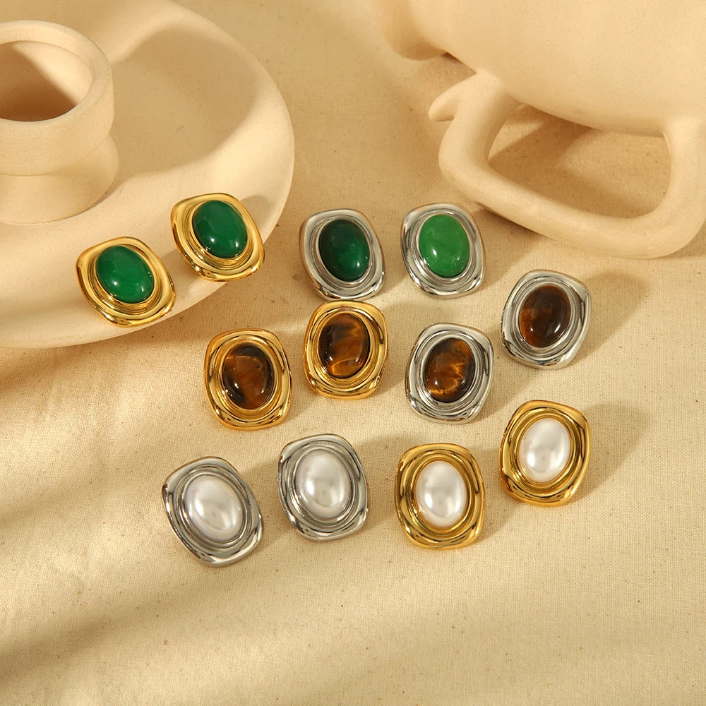 Tiger-Eye Natural Stone Earrings – 18K Gold Plated Stainless Steel, Waterproof