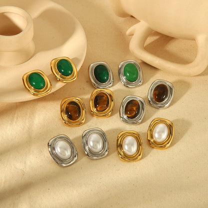 Tiger-Eye Natural Stone Earrings – 18K Gold Plated Stainless Steel, Waterproof