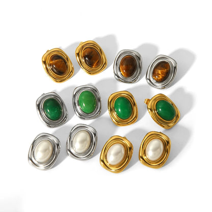 Tiger-Eye Natural Stone Earrings – 18K Gold Plated Stainless Steel, Waterproof