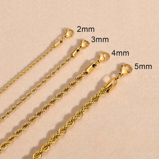 Vnox Dainty Gold Rope Chain Necklace – Waterproof Stainless Steel, 2/3/4/5mm