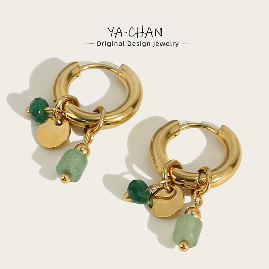 YA-CHAN Stainless Steel Hoop Earrings with Natural Stone & Zircon – Trendy Fashion Jewelry for Women