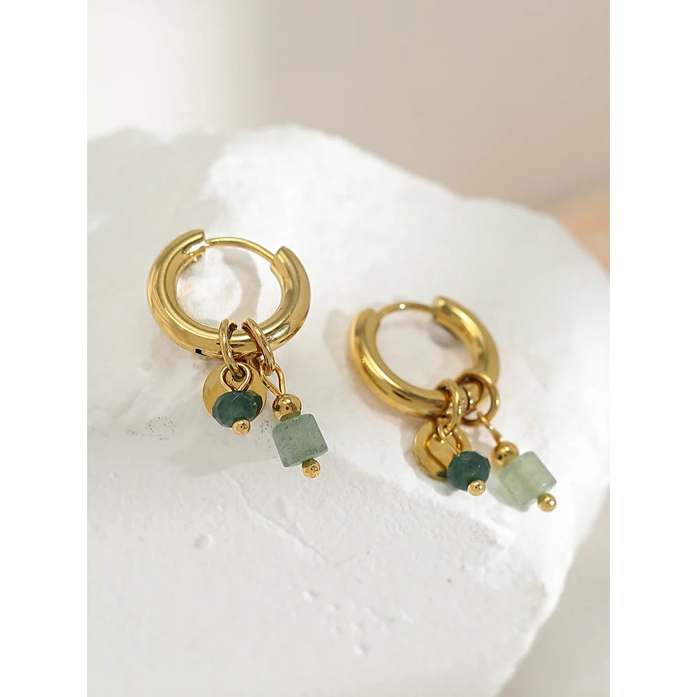 YA-CHAN Stainless Steel Hoop Earrings with Natural Stone & Zircon – Trendy Fashion Jewelry for Women