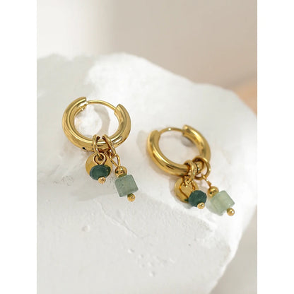 YA-CHAN Stainless Steel Hoop Earrings with Natural Stone & Zircon – Trendy Fashion Jewelry for Women