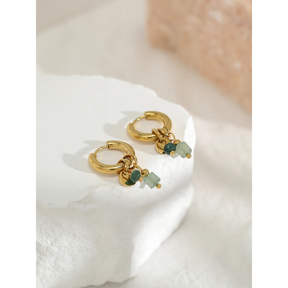 YA-CHAN Stainless Steel Hoop Earrings with Natural Stone & Zircon – Trendy Fashion Jewelry for Women