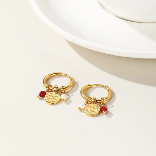 YACHAN 18K Gold Plated Stainless Steel Hoop Earrings – Natural Stone Pink Charms