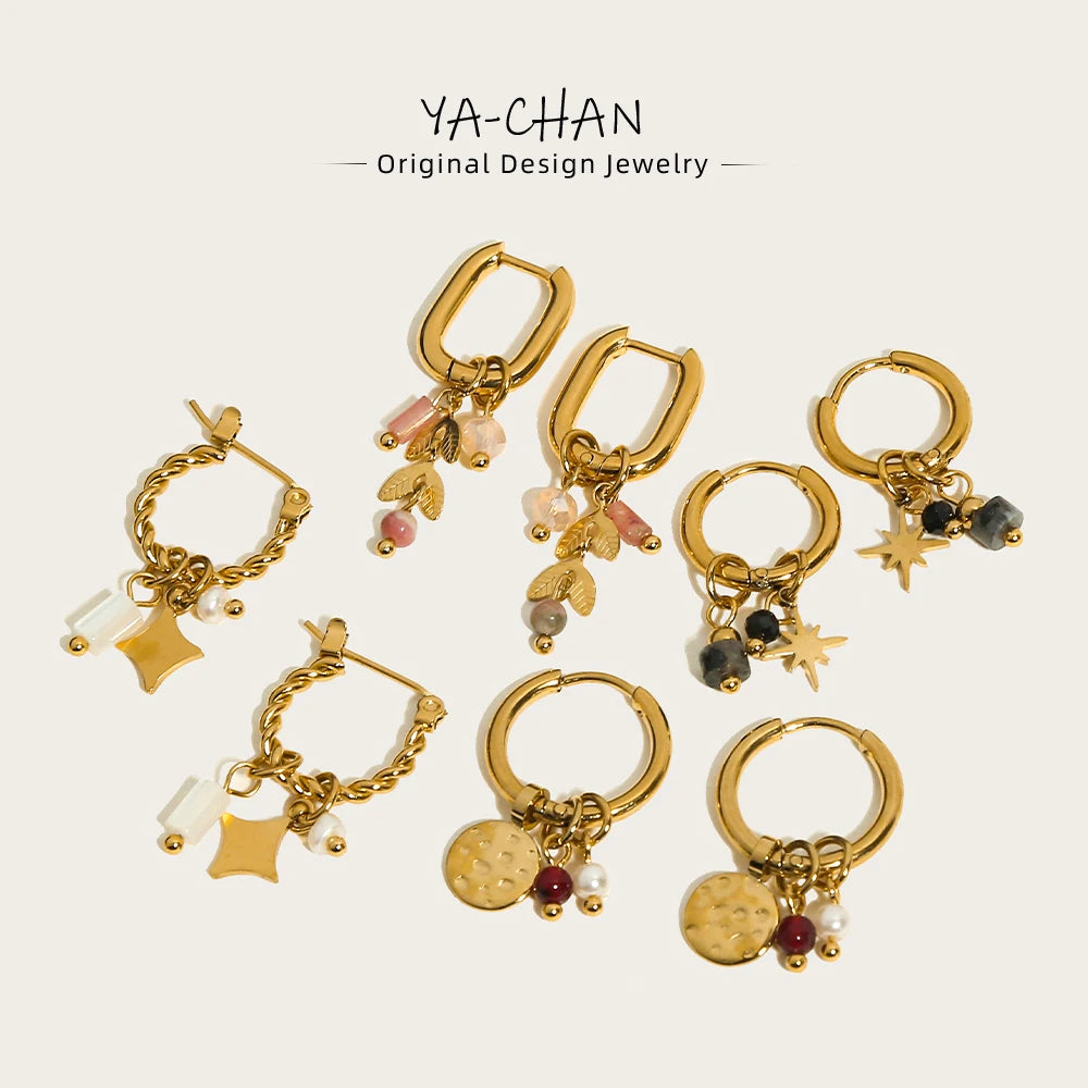 YACHAN 18K Gold Plated Stainless Steel Hoop Earrings – Natural Stone Pink Charms