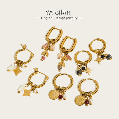 YACHAN 18K Gold Plated Stainless Steel Hoop Earrings – Natural Stone Pink Charms