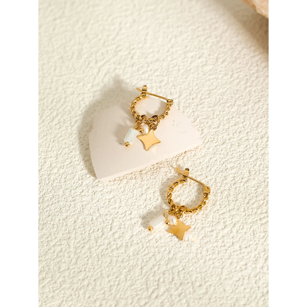 YACHAN 18K Gold Plated Stainless Steel Hoop Earrings – Natural Stone Pink Charms