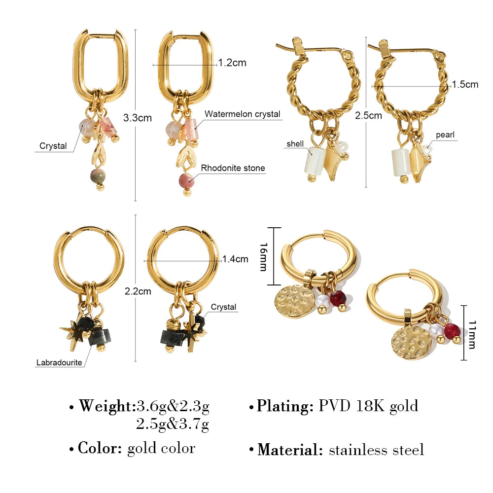 YACHAN 18K Gold Plated Stainless Steel Hoop Earrings – Natural Stone Pink Charms