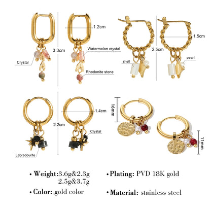YACHAN 18K Gold Plated Stainless Steel Hoop Earrings – Natural Stone Pink Charms