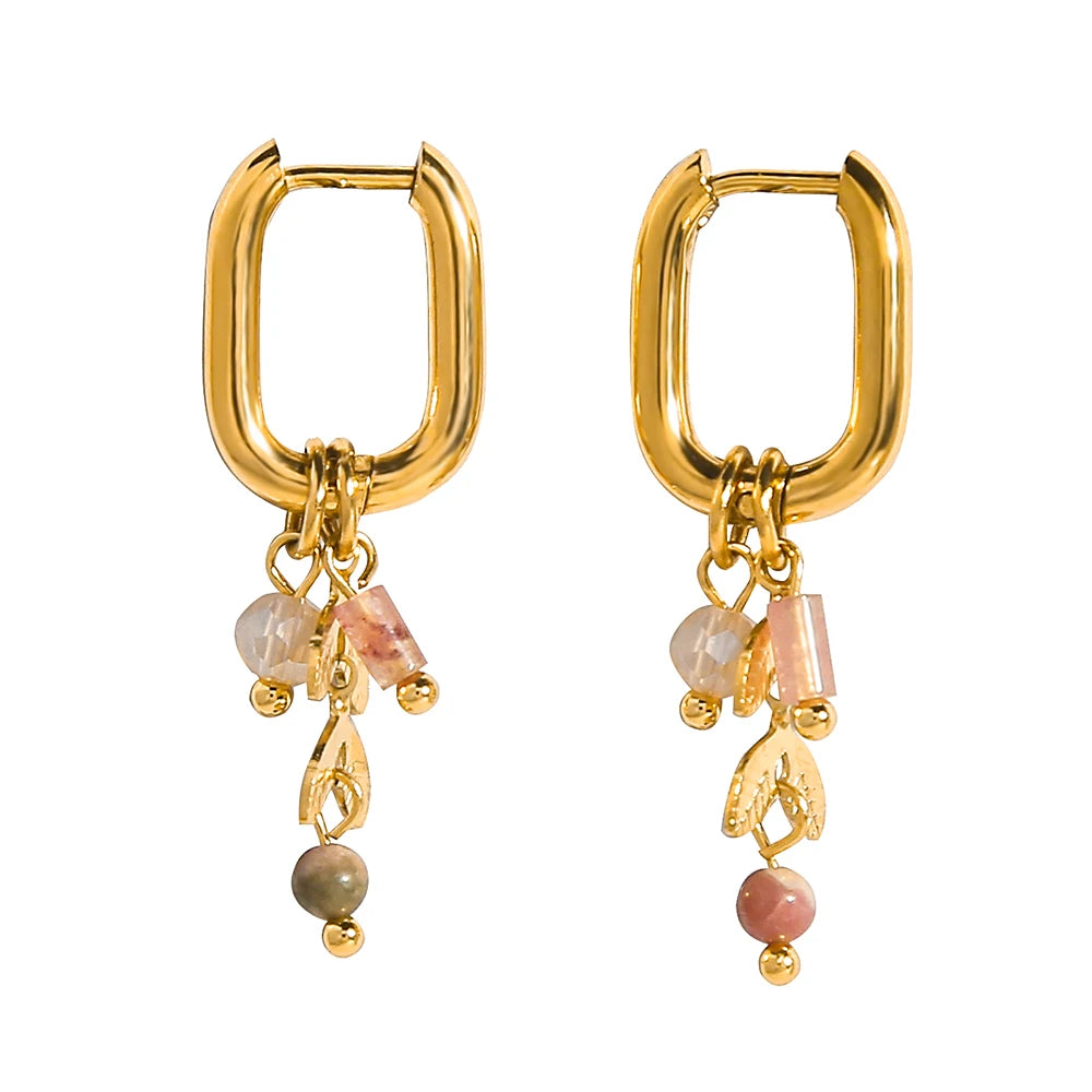 YACHAN 18K Gold Plated Stainless Steel Hoop Earrings – Natural Stone Pink Charms