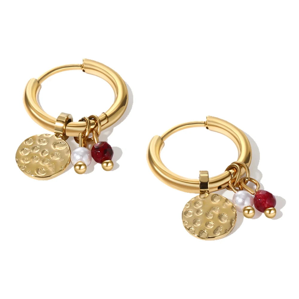 YACHAN 18K Gold Plated Stainless Steel Hoop Earrings – Natural Stone Pink Charms