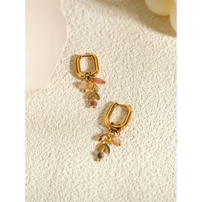 YACHAN 18K Gold Plated Stainless Steel Hoop Earrings – Natural Stone Pink Charms